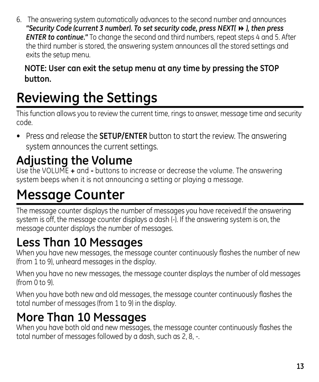 GE 29871 manual Reviewing the Settings, Message Counter, Adjusting the Volume, Less Than 10 Messages, More Than 10 Messages 