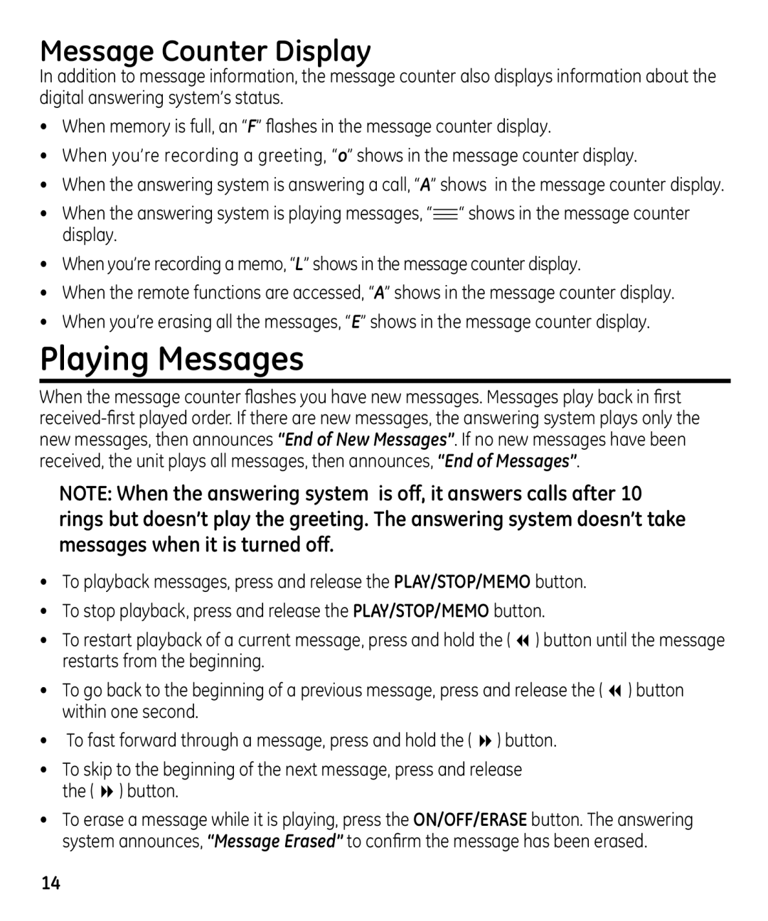 GE 29871 manual Playing Messages, Message Counter Display 