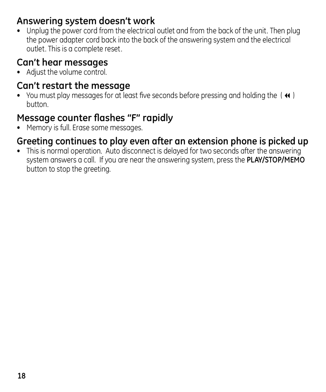 GE 29871 manual Adjust the volume control, Memory is full. Erase some messages 