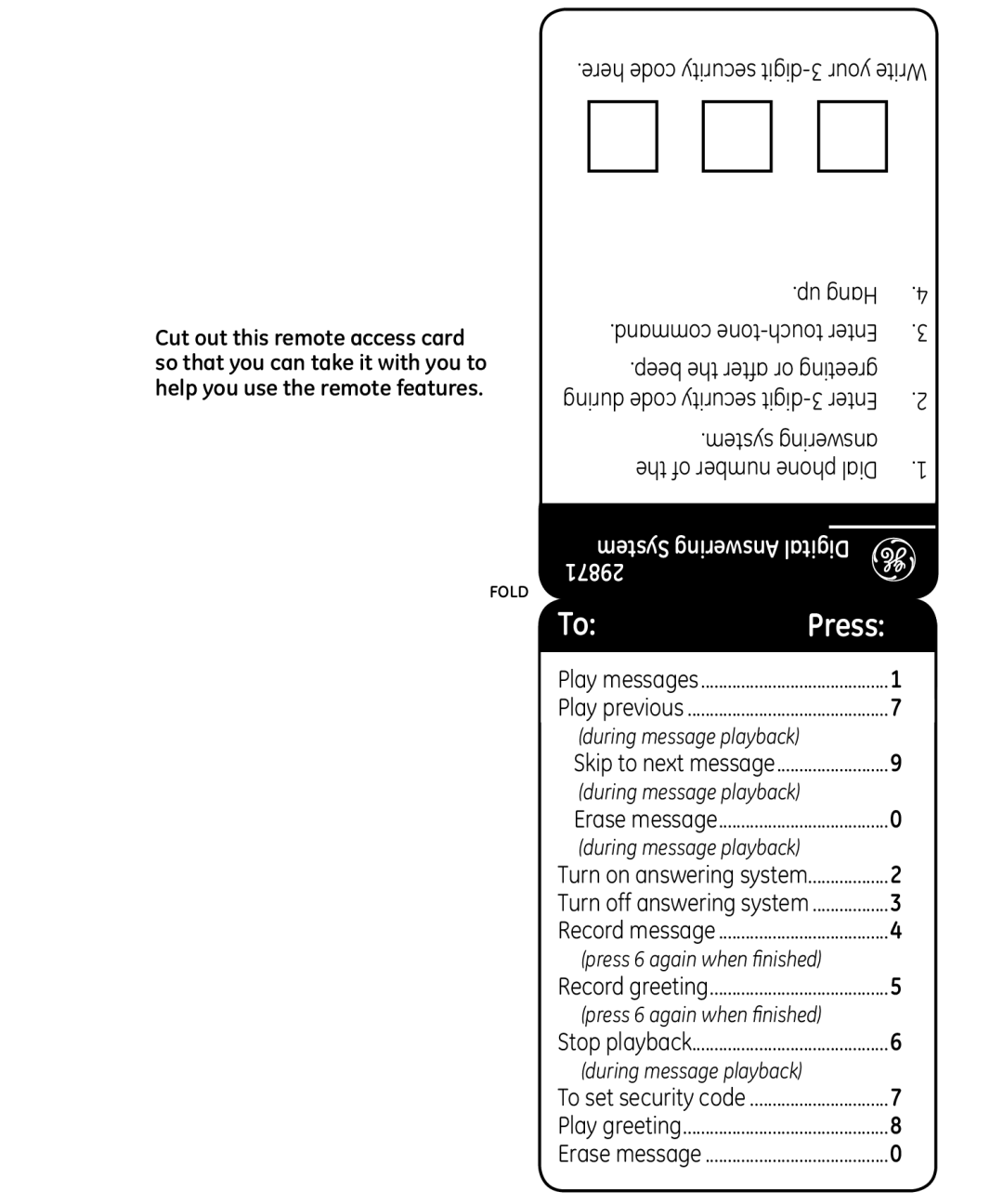 GE 29871 manual Here code security digit-3 your Write, Press 