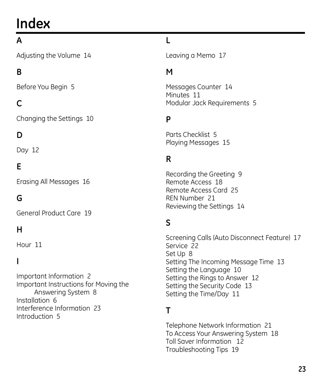 GE 29871 manual Index 