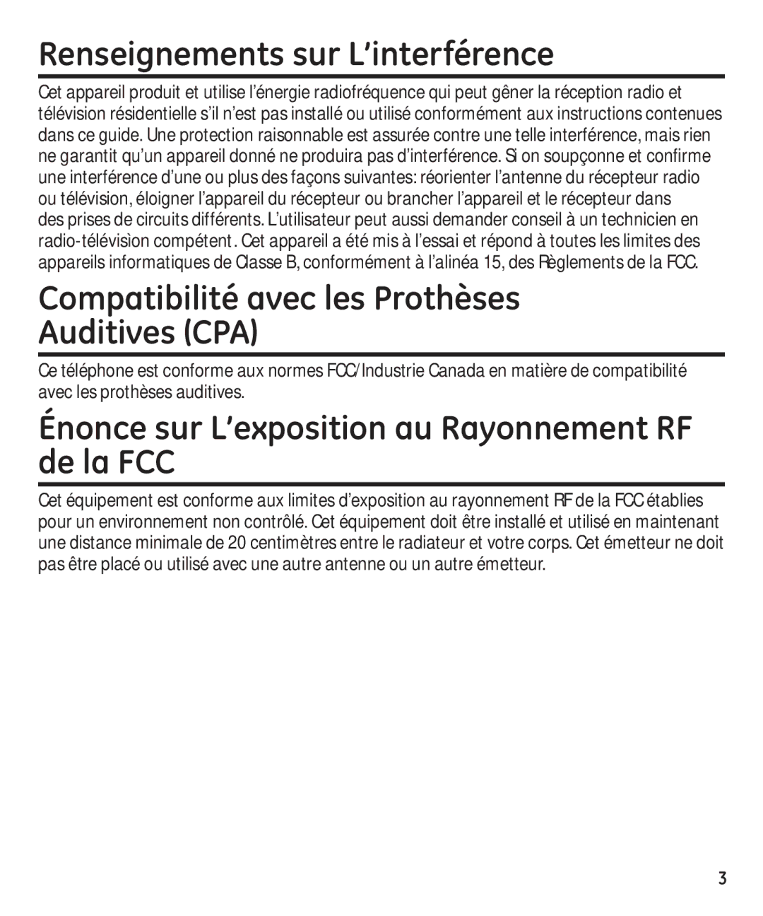 GE 29871 manual Renseignements sur L’interférence, Compatibilité avec les Prothèses Auditives CPA 