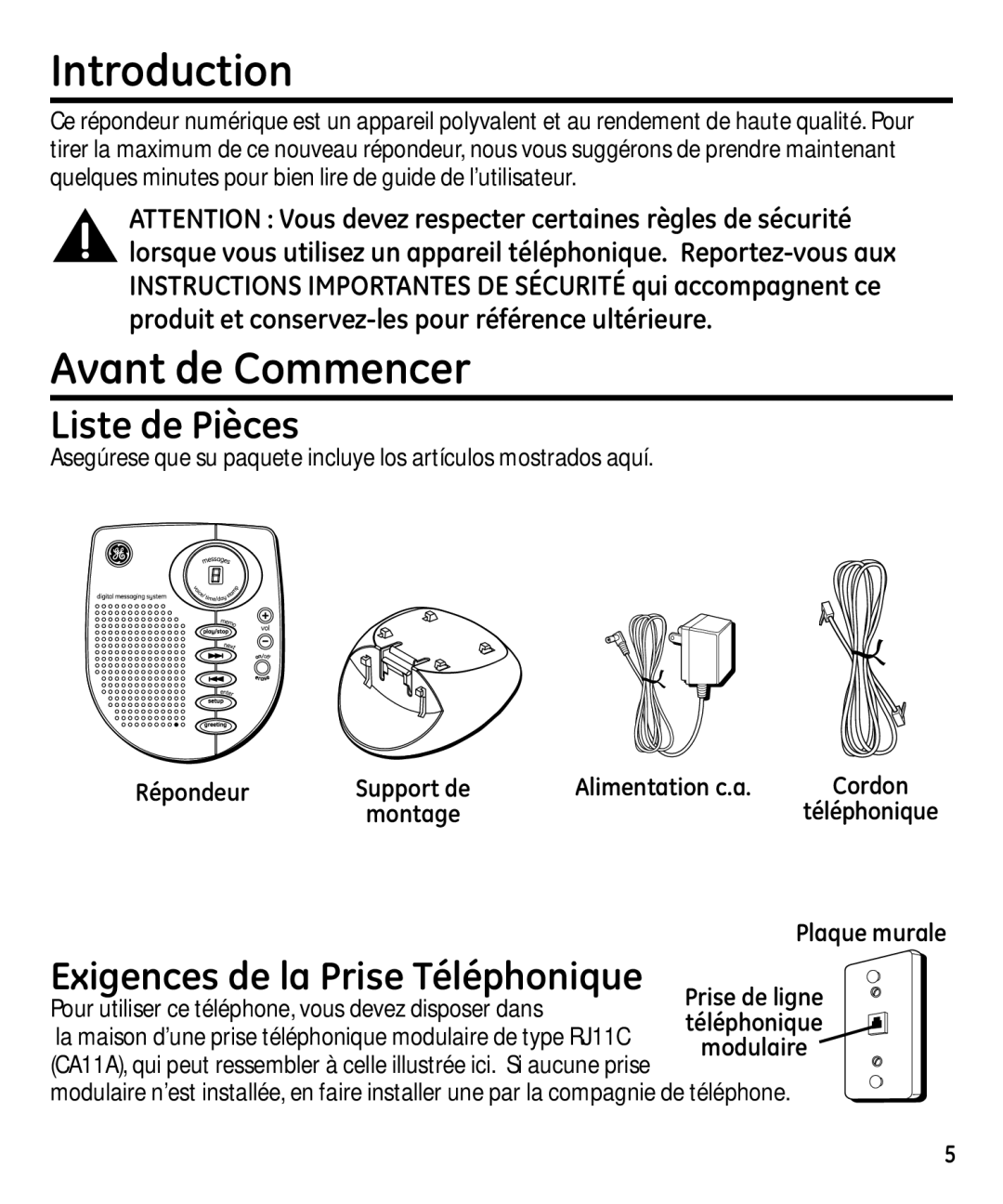 GE 29871 manual Introduction, Avant de Commencer, Liste de Pièces, Pour utiliser ce téléphone, vous devez disposer dans 