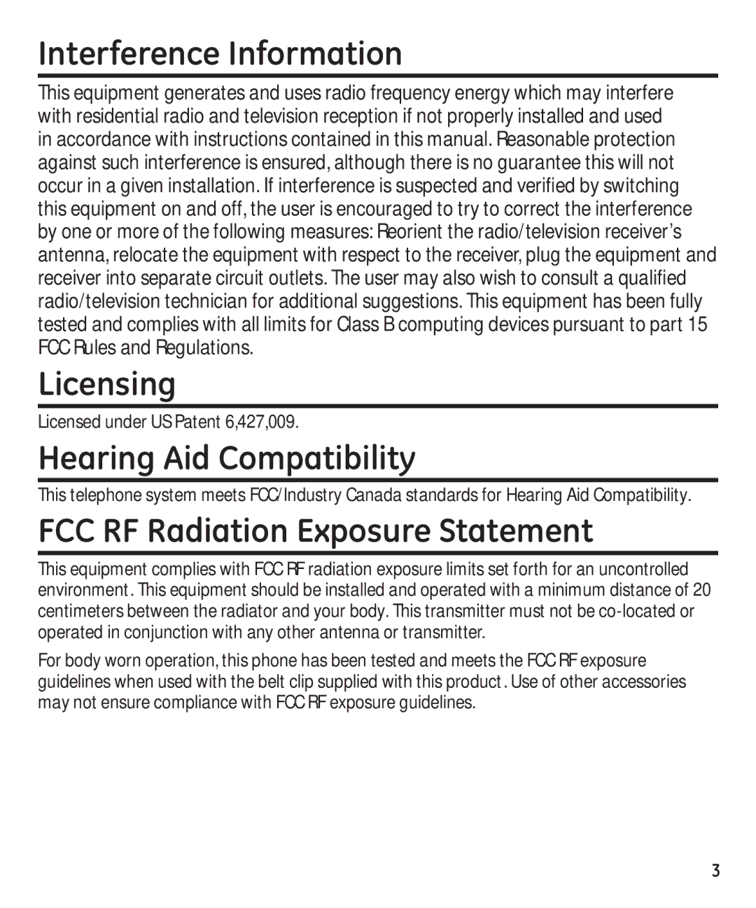 GE 29871 manual Interference Information, Licensing, Hearing Aid Compatibility, FCC RF Radiation Exposure Statement 