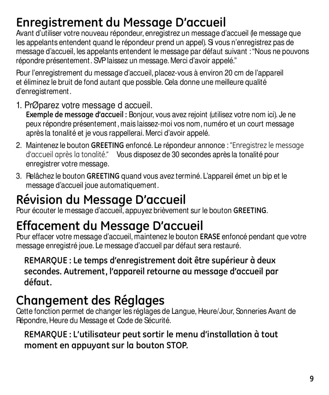 GE 29871 manual Enregistrement du Message D’accueil, Révision du Message D’accueil, Effacement du Message D’accueil 