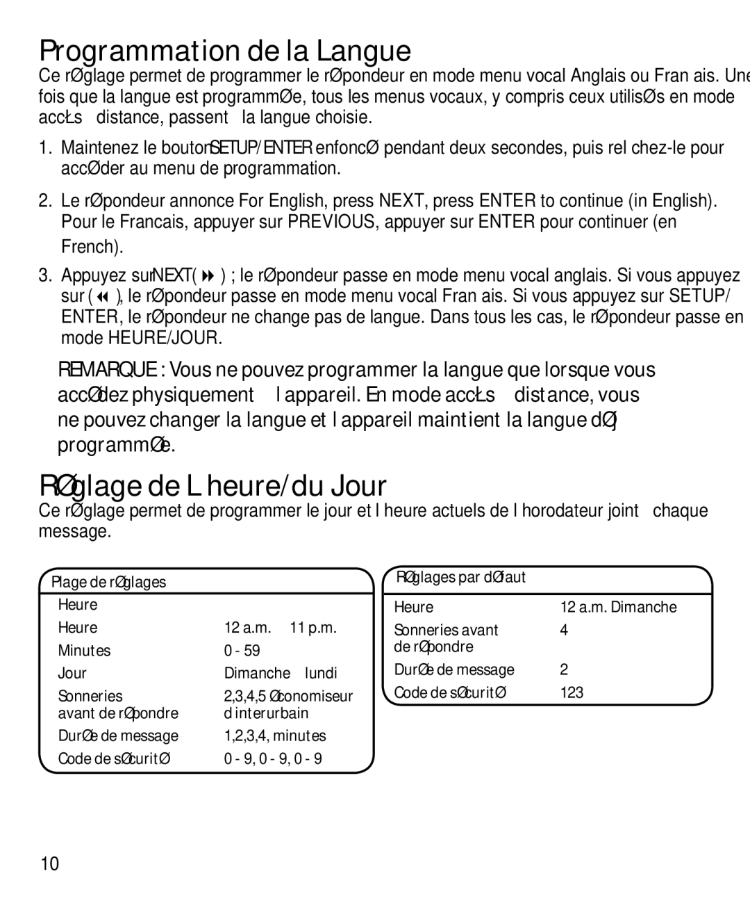 GE 29871 manual Programmation de la Langue, Réglage de L’heure/du Jour 