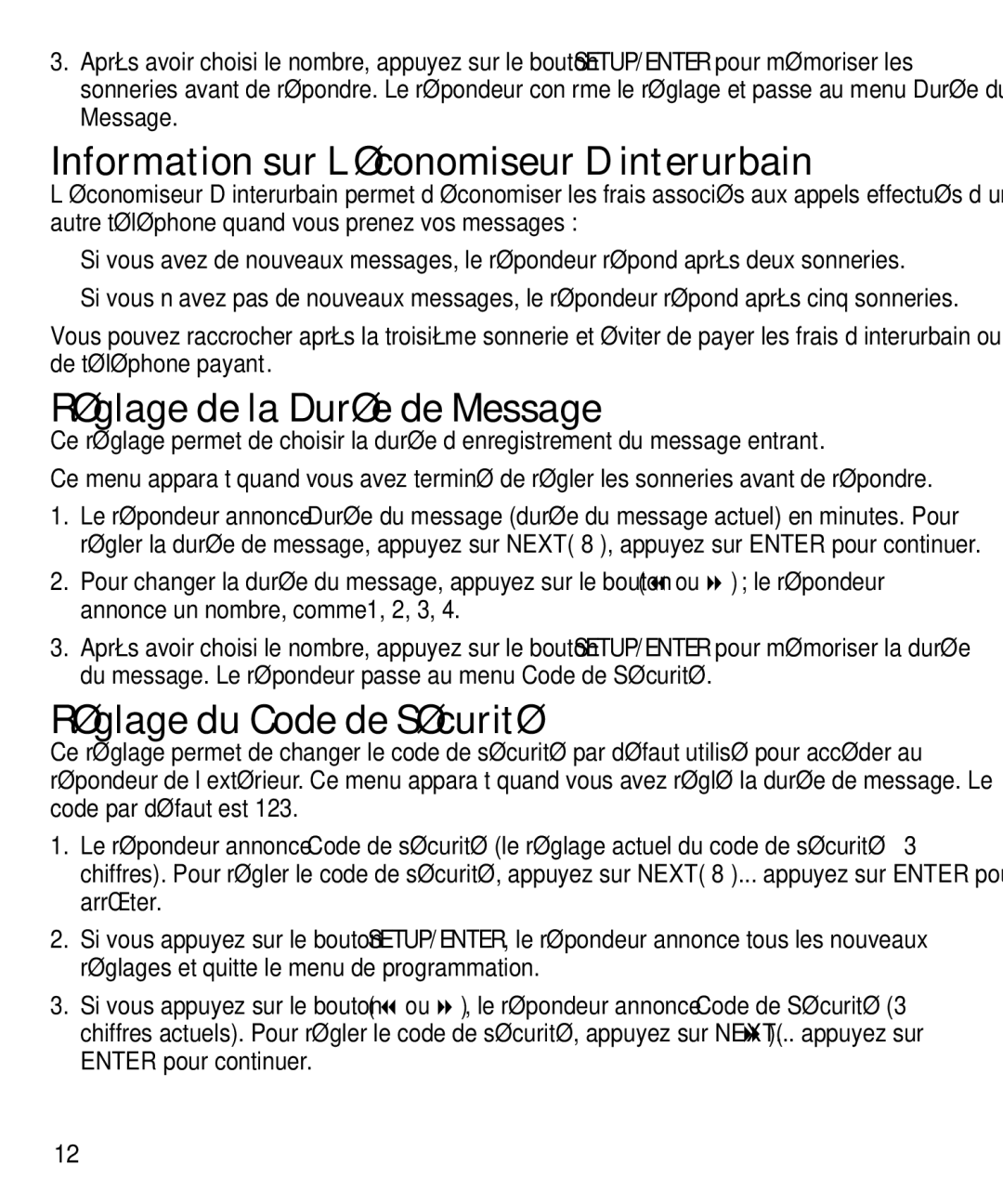 GE 29871 manual Information sur L’économiseur D’interurbain, Réglage de la Durée de Message, Réglage du Code de Sécurité 