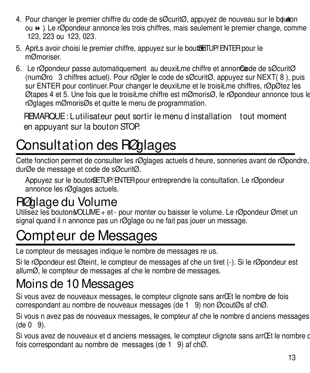 GE 29871 manual Consultation des Réglages, Compteur de Messages, Réglage du Volume, Moins de 10 Messages 