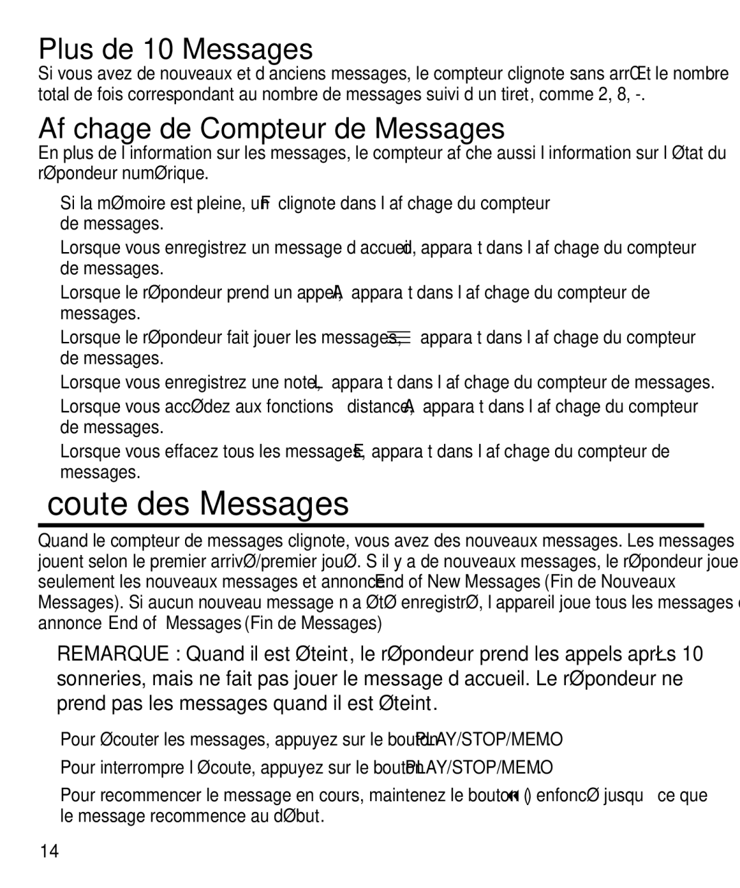 GE 29871 manual Écoute des Messages, Plus de 10 Messages, Affichage de Compteur de Messages 