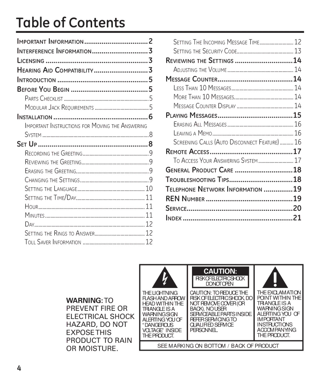 GE 29871 manual Table of Contents 