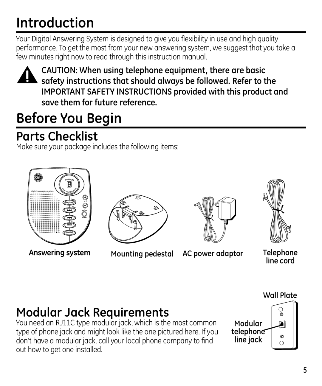 GE 29871 manual Introduction Before You Begin, Parts Checklist, Modular Jack Requirements 