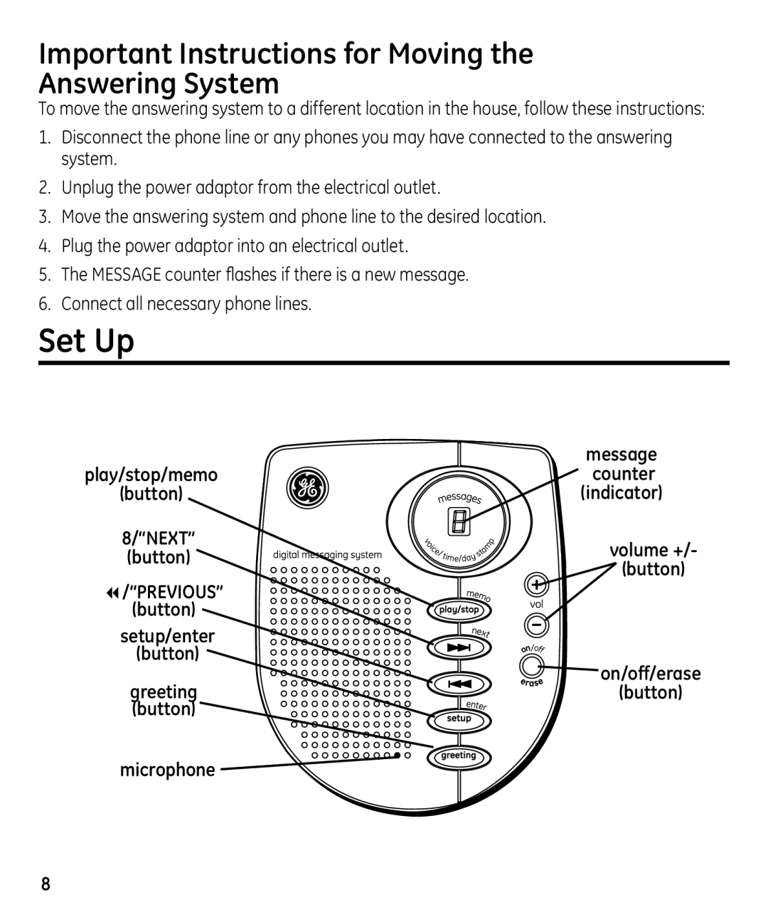 GE 29871 manual Set Up, Important Instructions for Moving Answering System 