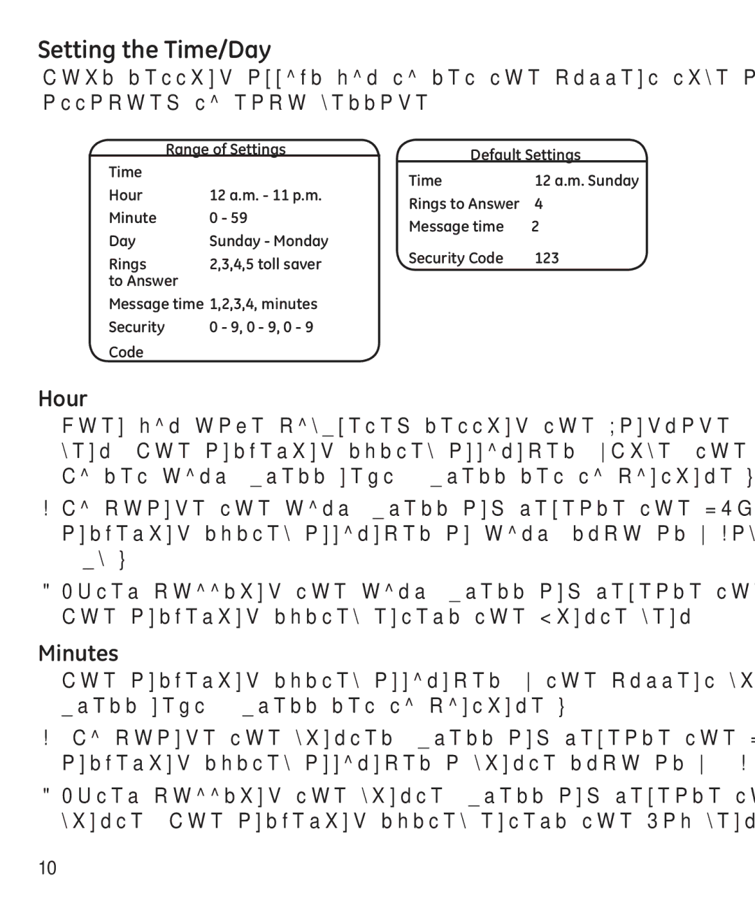 GE 29875 manual Setting the Time/Day, Hour, Minutes 