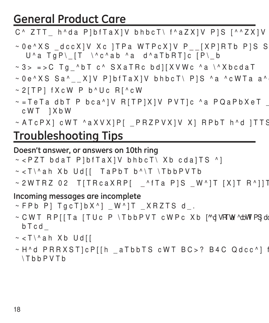 GE 29875 manual General Product Care, Troubleshooting Tips, Doesn’t answer, or answers on 10th ring 