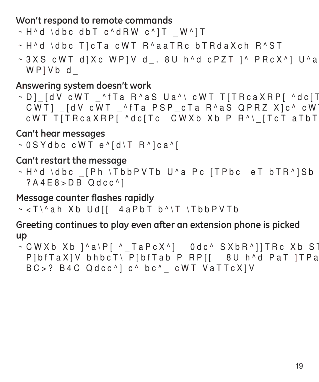 GE 29875 Won’t respond to remote commands, Answering system doesn’t work, Can’t hear messages, Can’t restart the message 