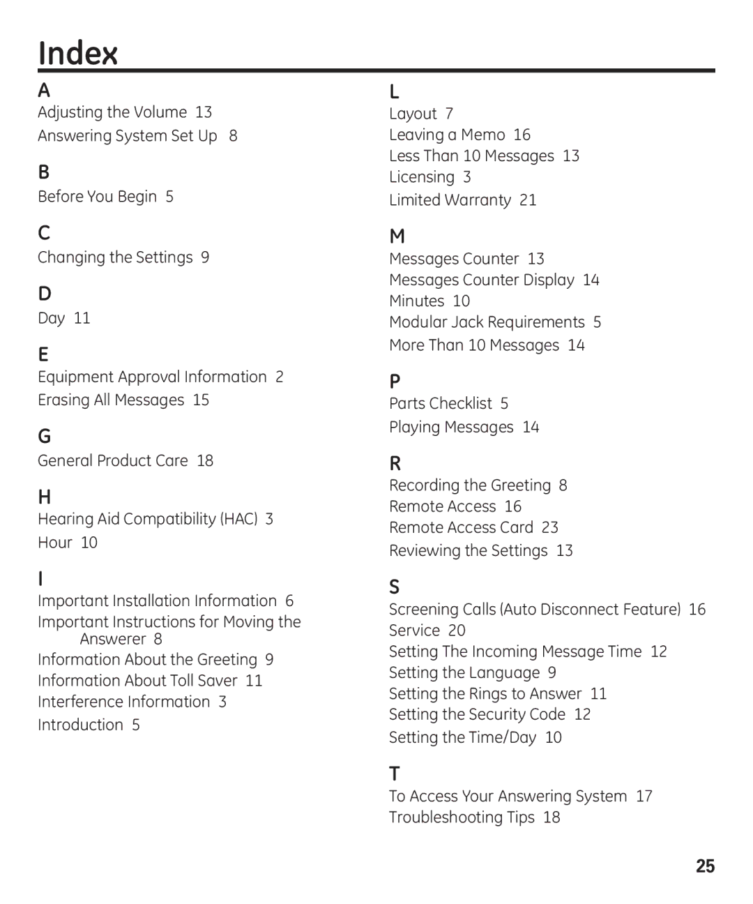 GE 29875 manual Index 