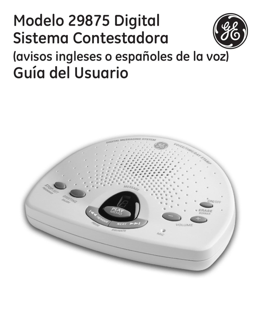 GE manual Modelo 29875 Digital Sistema Contestadora 