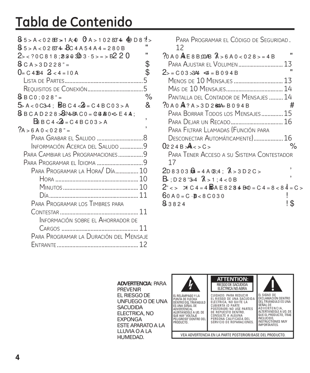 GE 29875 manual Tabla de Contenido, Antes de Comenzar Contador de Mensajes 