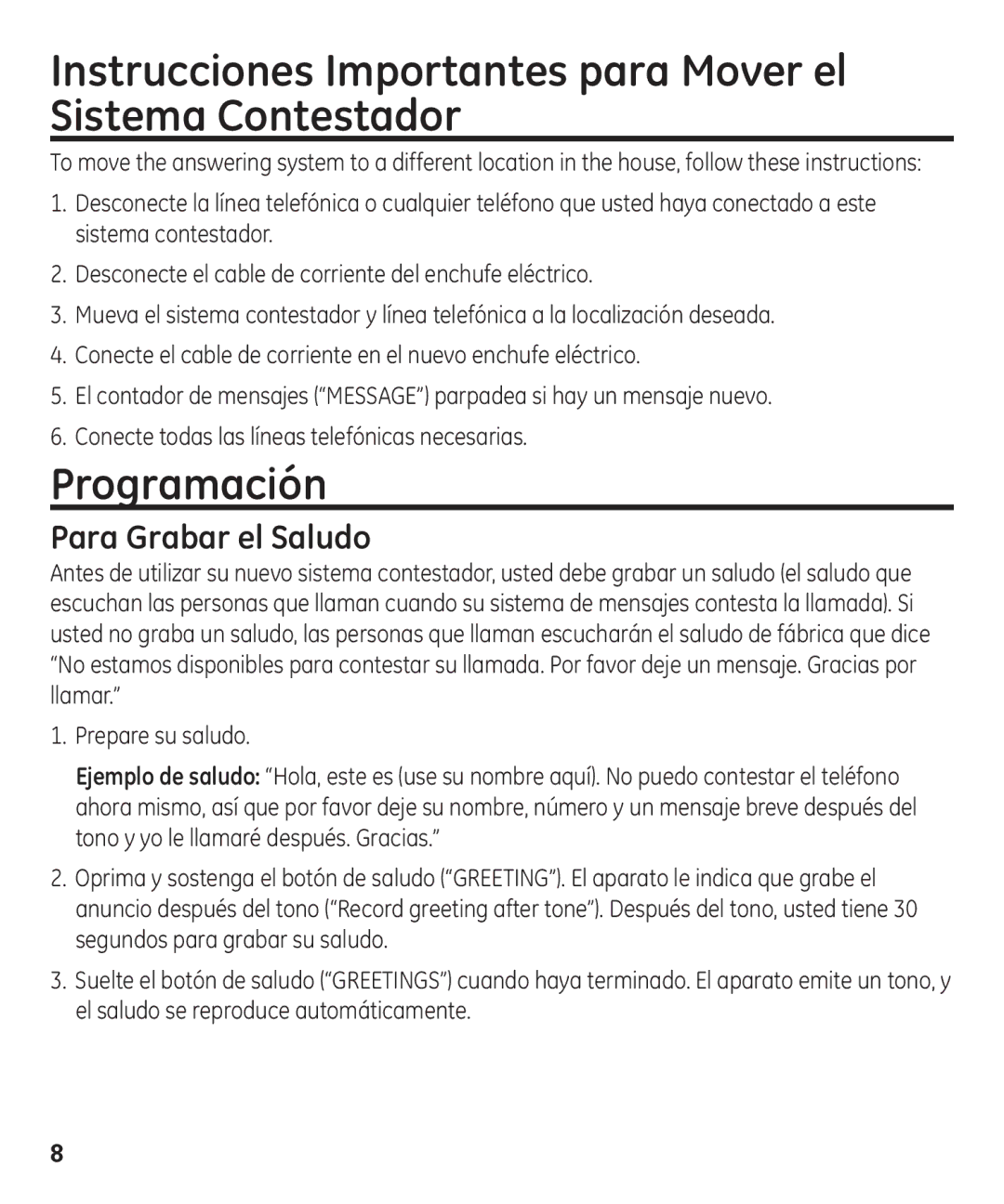 GE 29875 manual Instrucciones Importantes para Mover el Sistema Contestador, Programación, Para Grabar el Saludo 