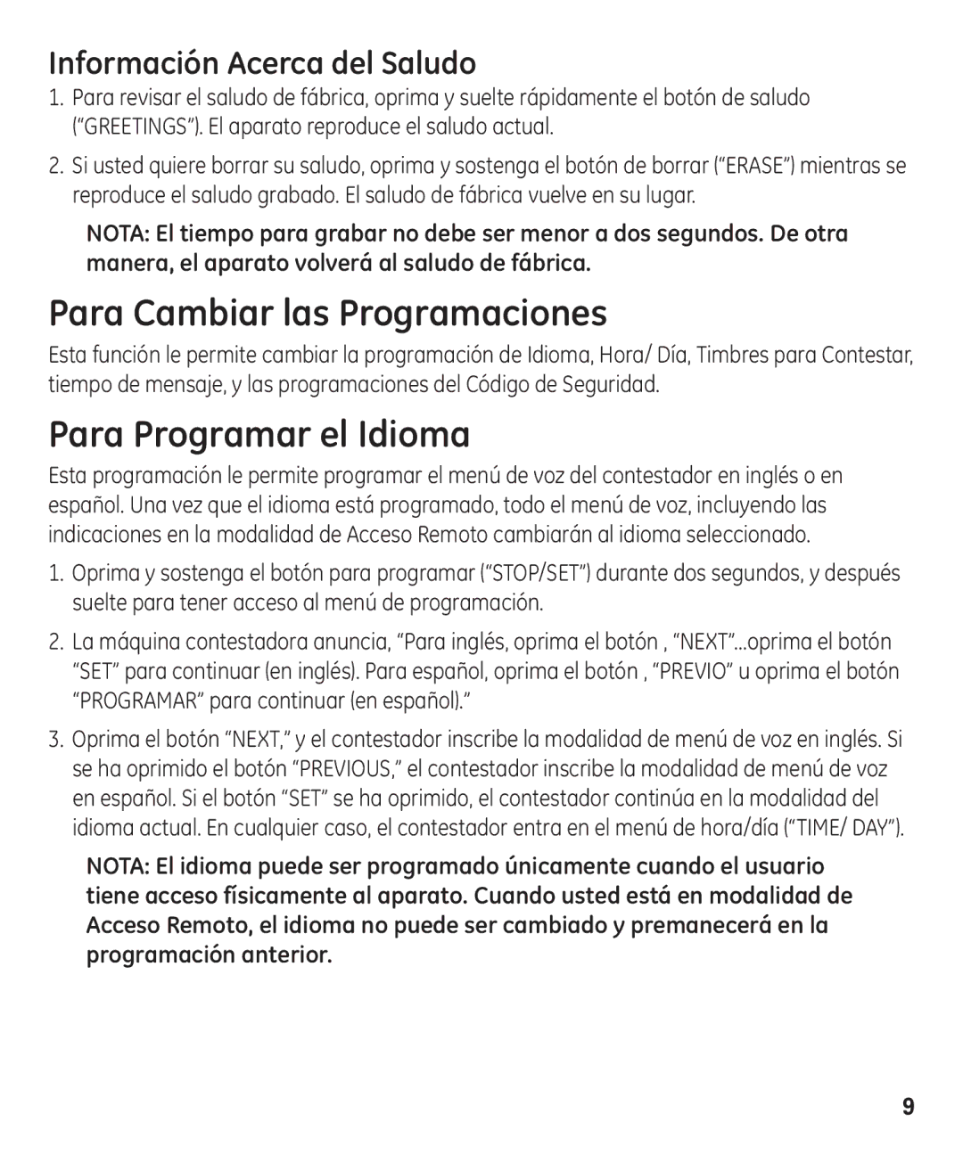 GE 29875 manual Para Cambiar las Programaciones, Para Programar el Idioma, Información Acerca del Saludo 