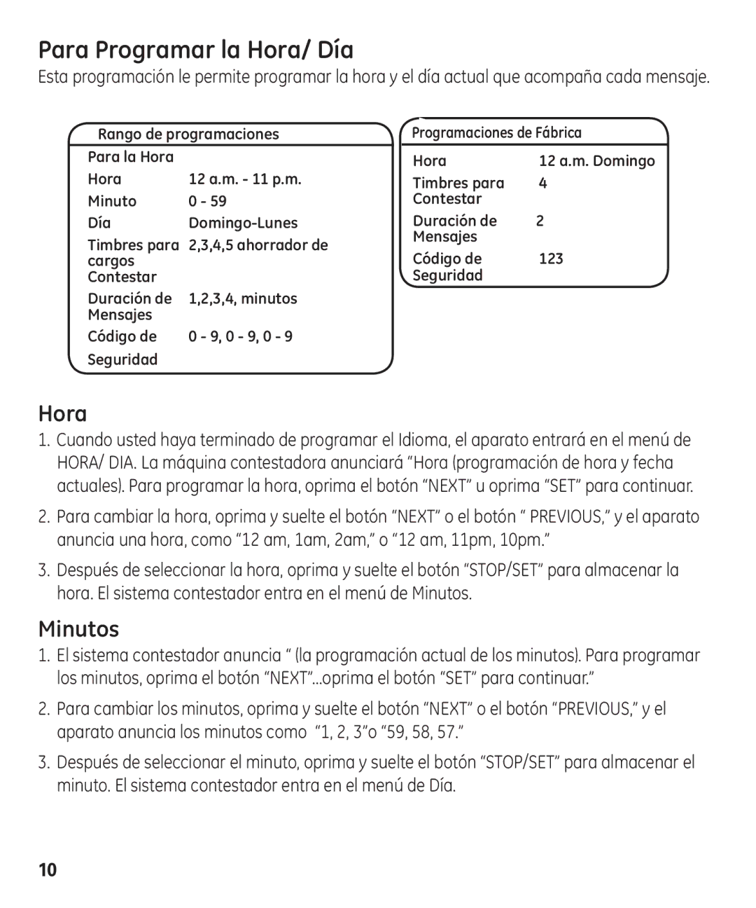 GE 29875 manual Para Programar la Hora/ Día, Minutos 