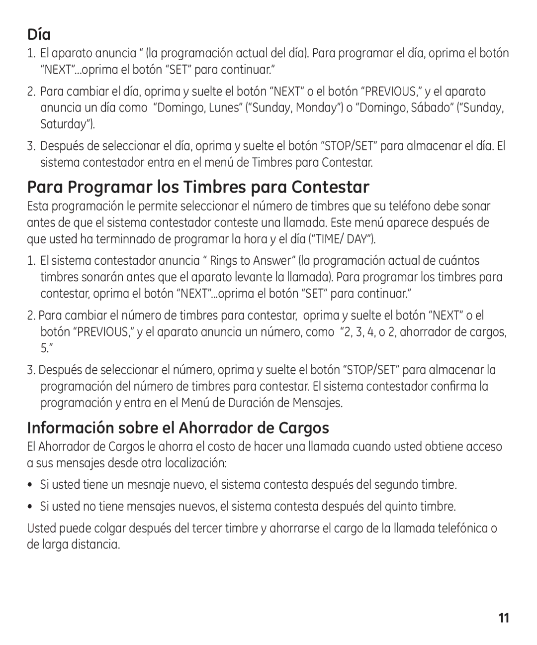 GE 29875 manual Para Programar los Timbres para Contestar, Día, Información sobre el Ahorrador de Cargos 