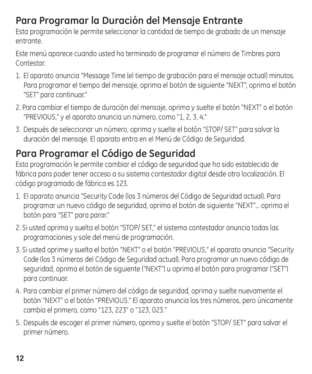 GE 29875 manual Para Programar la Duración del Mensaje Entrante, Para Programar el Código de Seguridad 