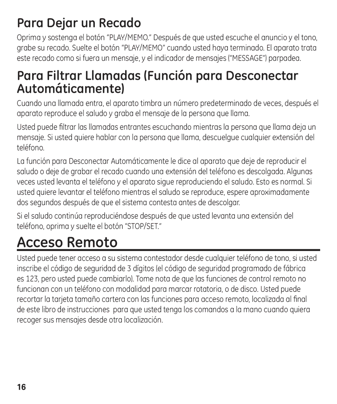 GE 29875 manual Acceso Remoto, Para Dejar un Recado 