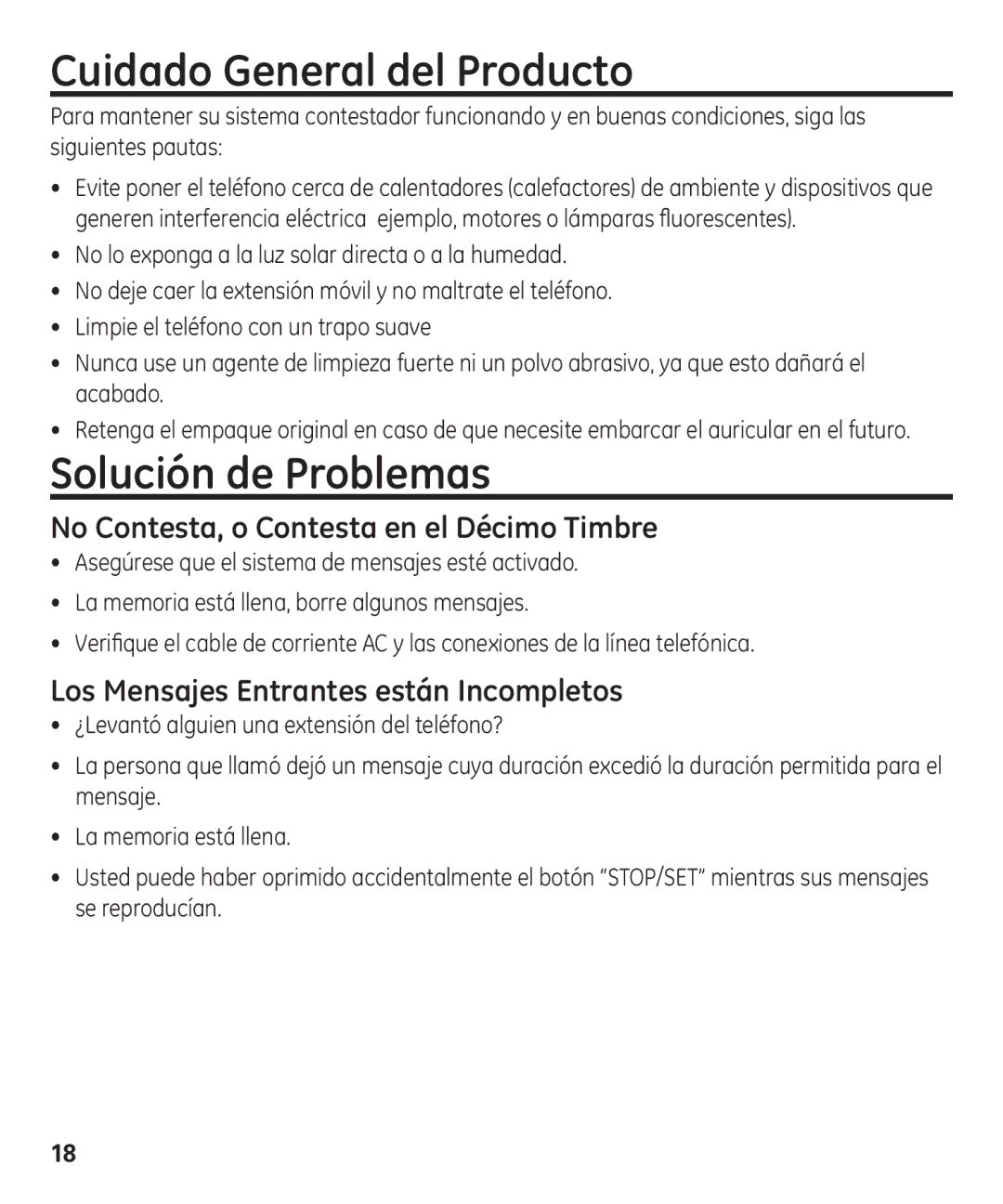 GE 29875 manual Cuidado General del Producto, Solución de Problemas, No Contesta, o Contesta en el Décimo Timbre 