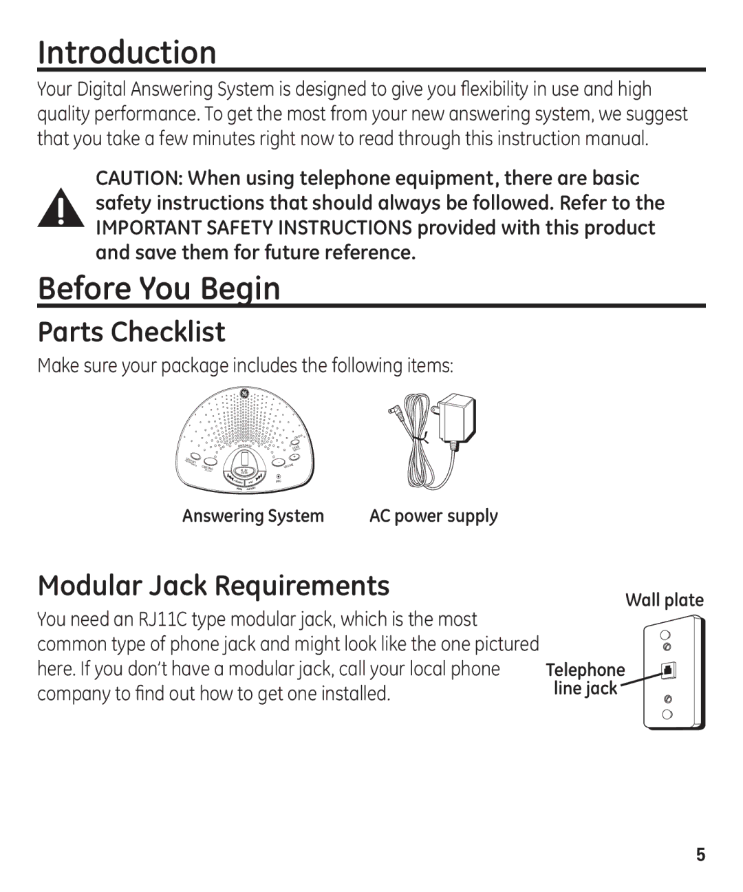 GE 29875 manual Introduction Before You Begin, Parts Checklist, Modular Jack Requirements 