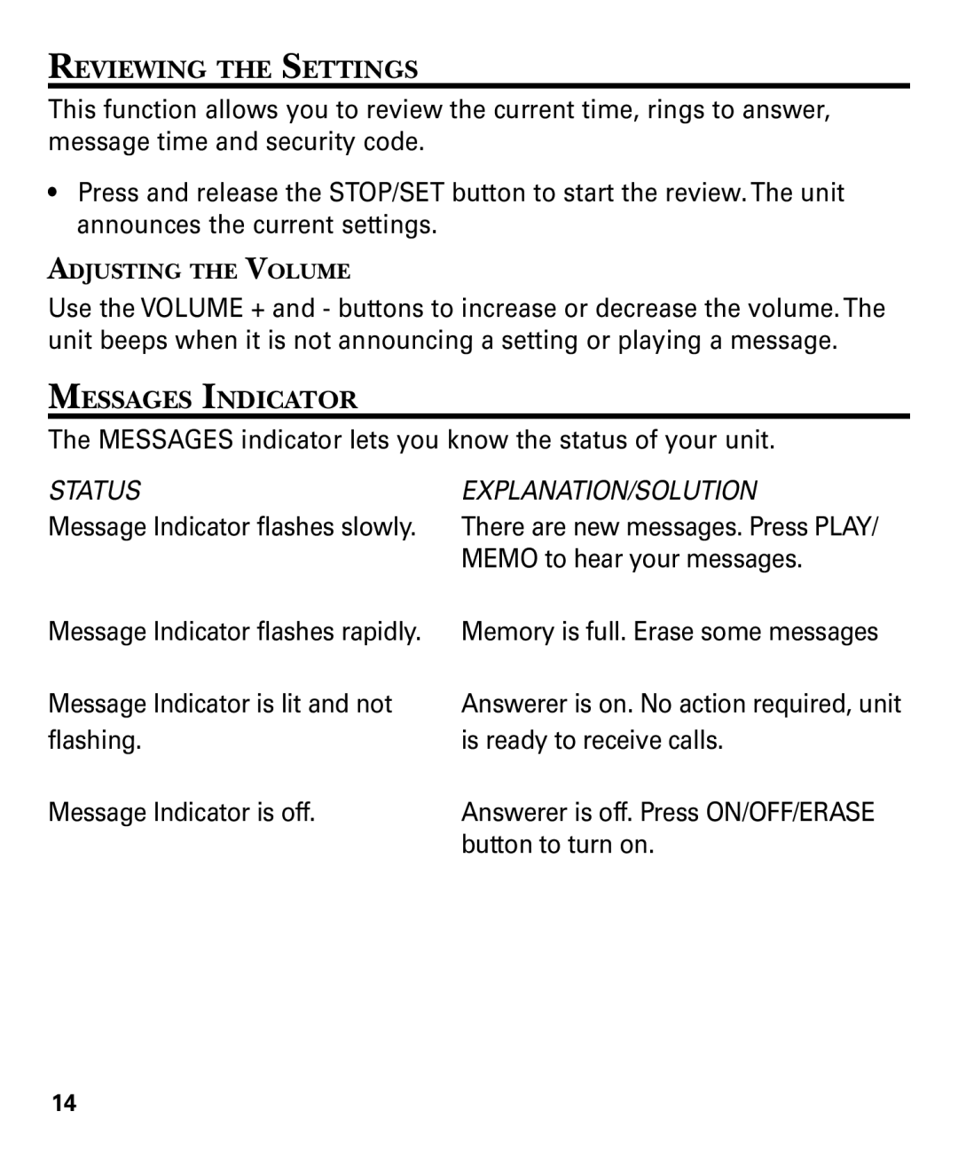 GE 29878 manual Reviewing the Settings, Messages Indicator 