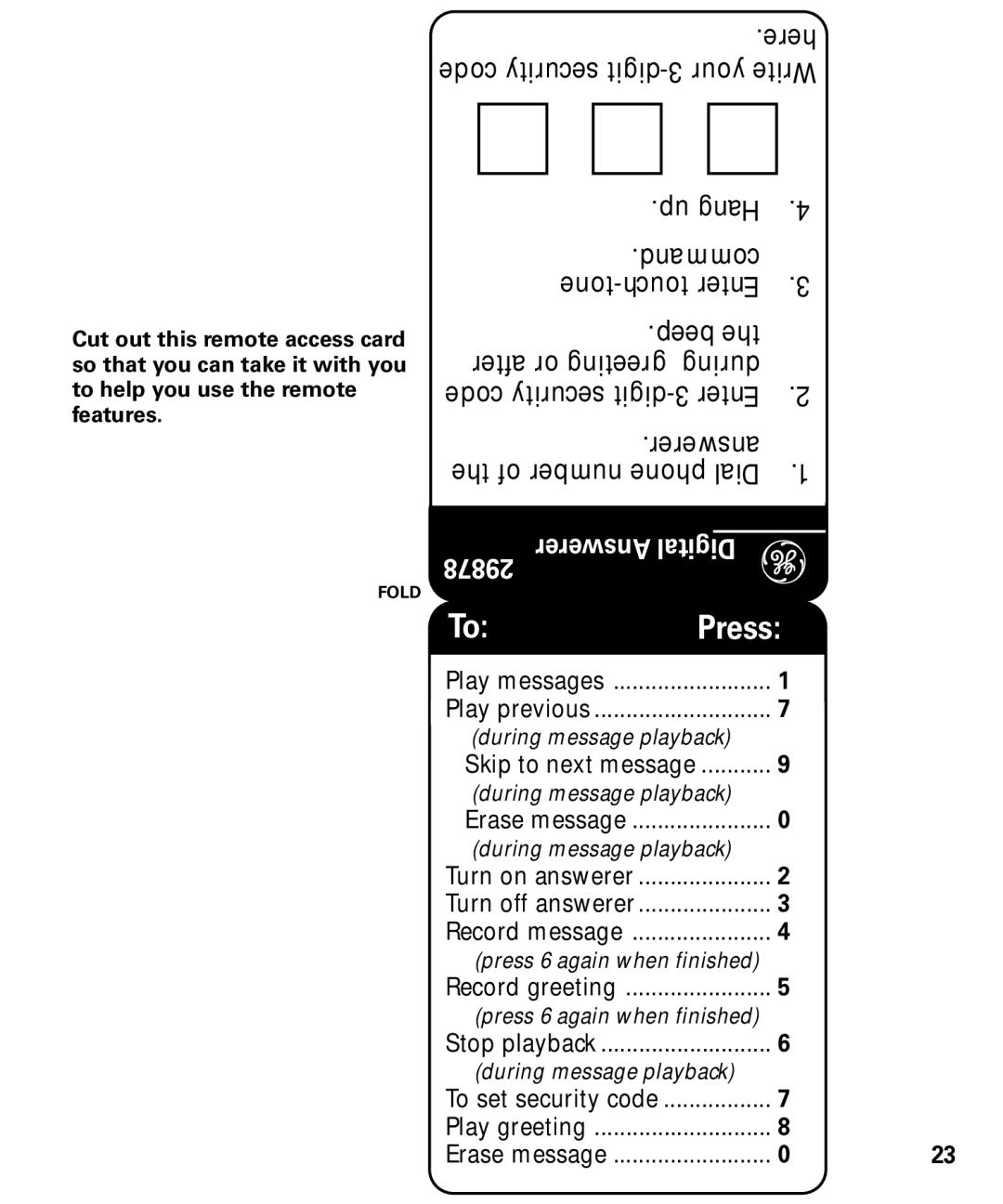 GE 29878 manual Answerer Digital 