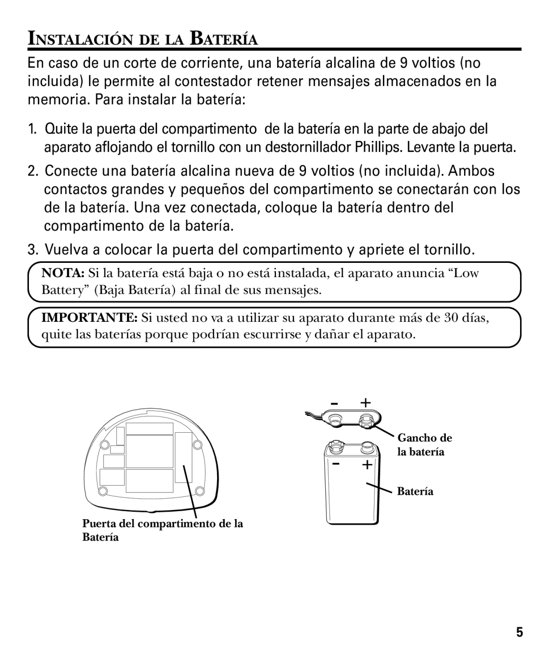 GE 29878 manual Instalación DE LA Batería 