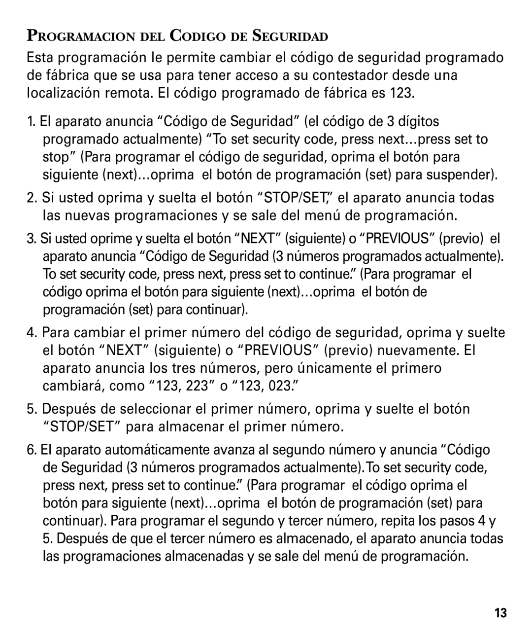 GE 29878 manual Programacion DEL Codigo DE Seguridad 