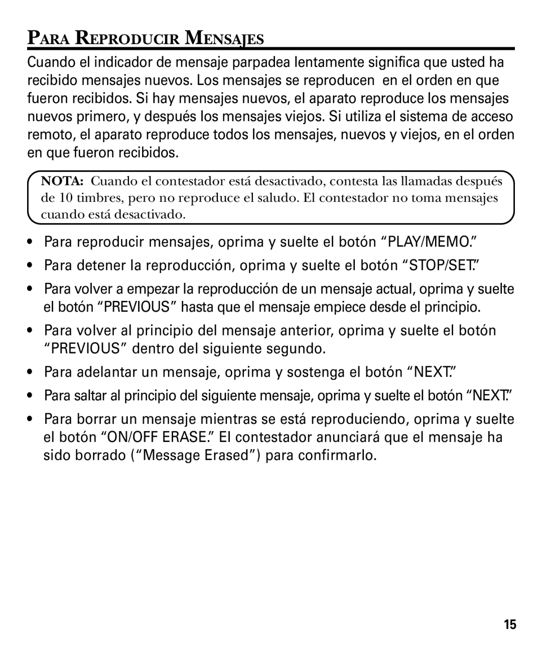 GE 29878 manual Para Reproducir Mensajes 