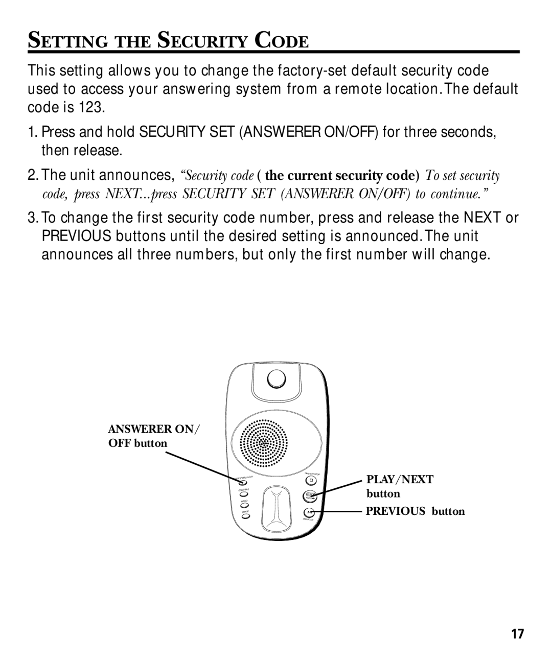 GE 29879 manual Setting the Security Code, Answerer on 