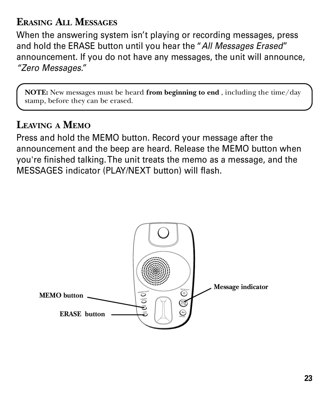 GE 29879 manual Erasing ALL Messages 