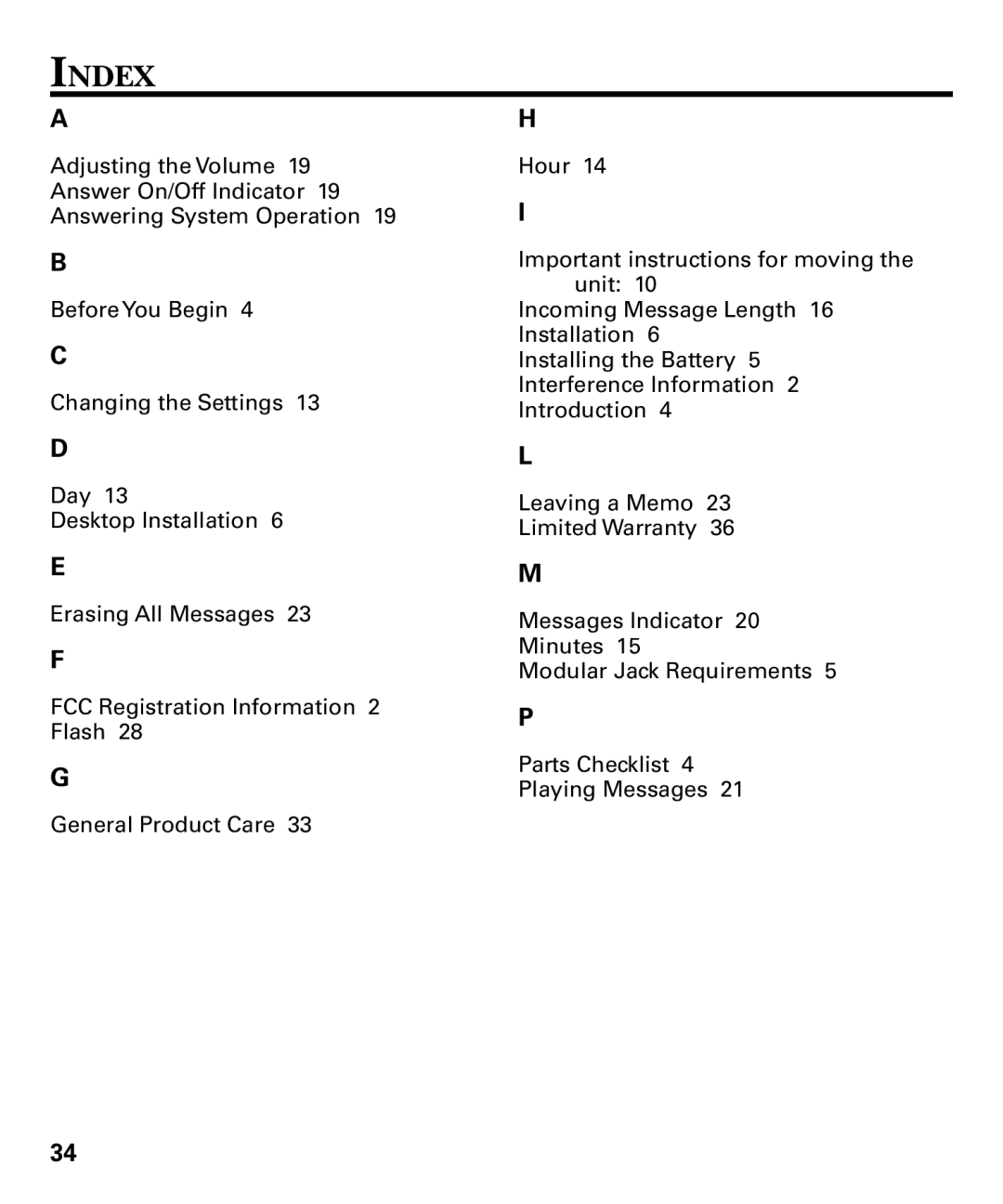 GE 29879 manual Index 