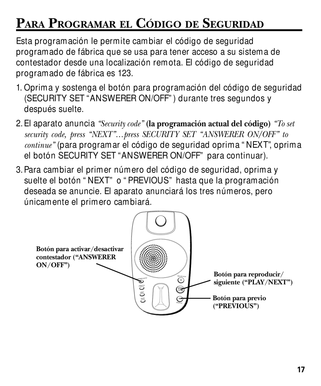 GE 29879 manual Para Programar EL Código DE Seguridad 