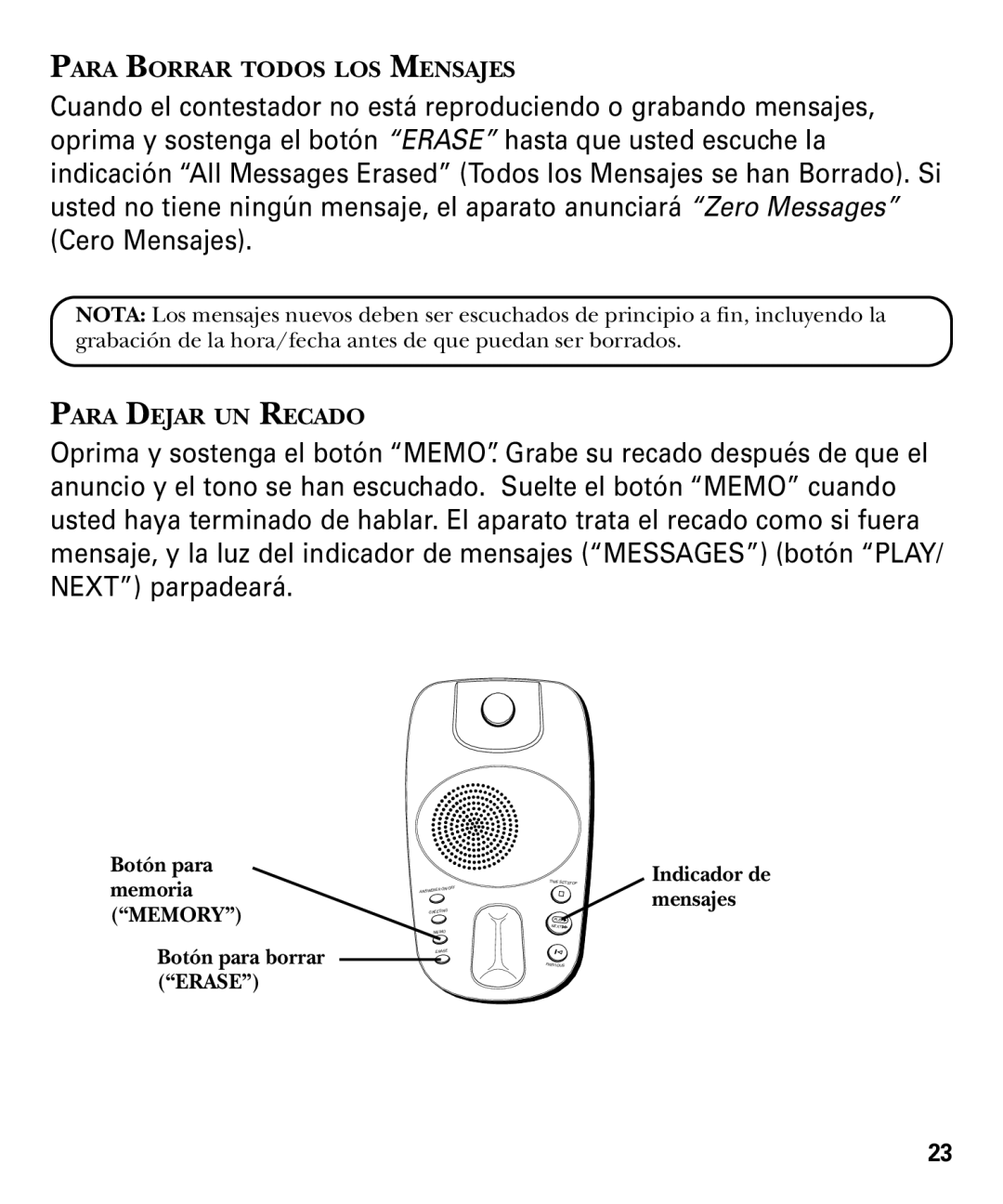 GE 29879 manual Para Borrar Todos LOS Mensajes 