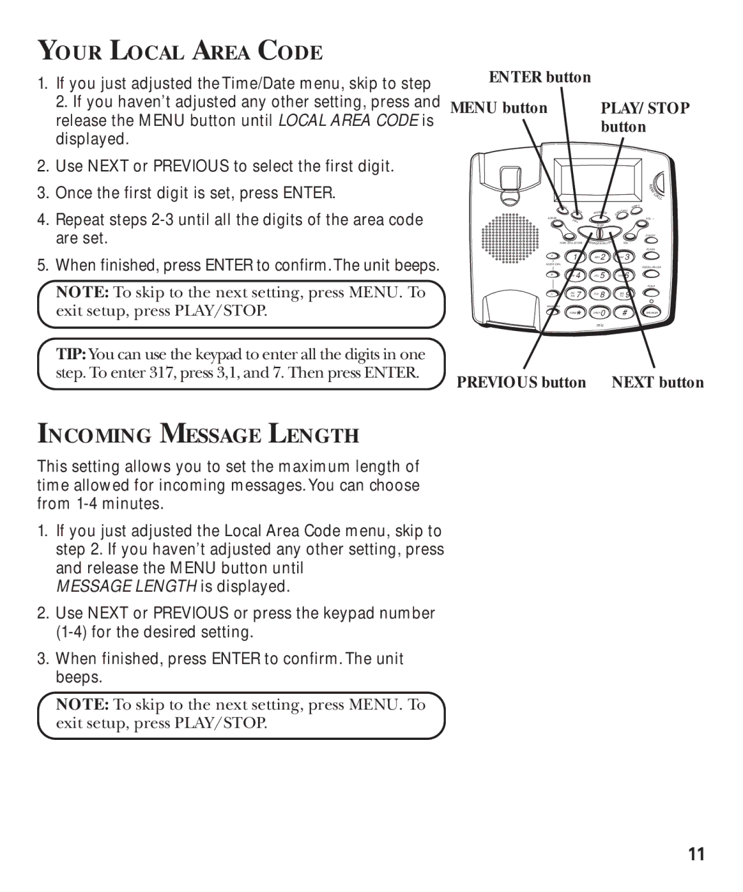 GE 29893 manual Your Local Area Code, Incoming Message Length, Enter button Menu button PLAY/STOP button 