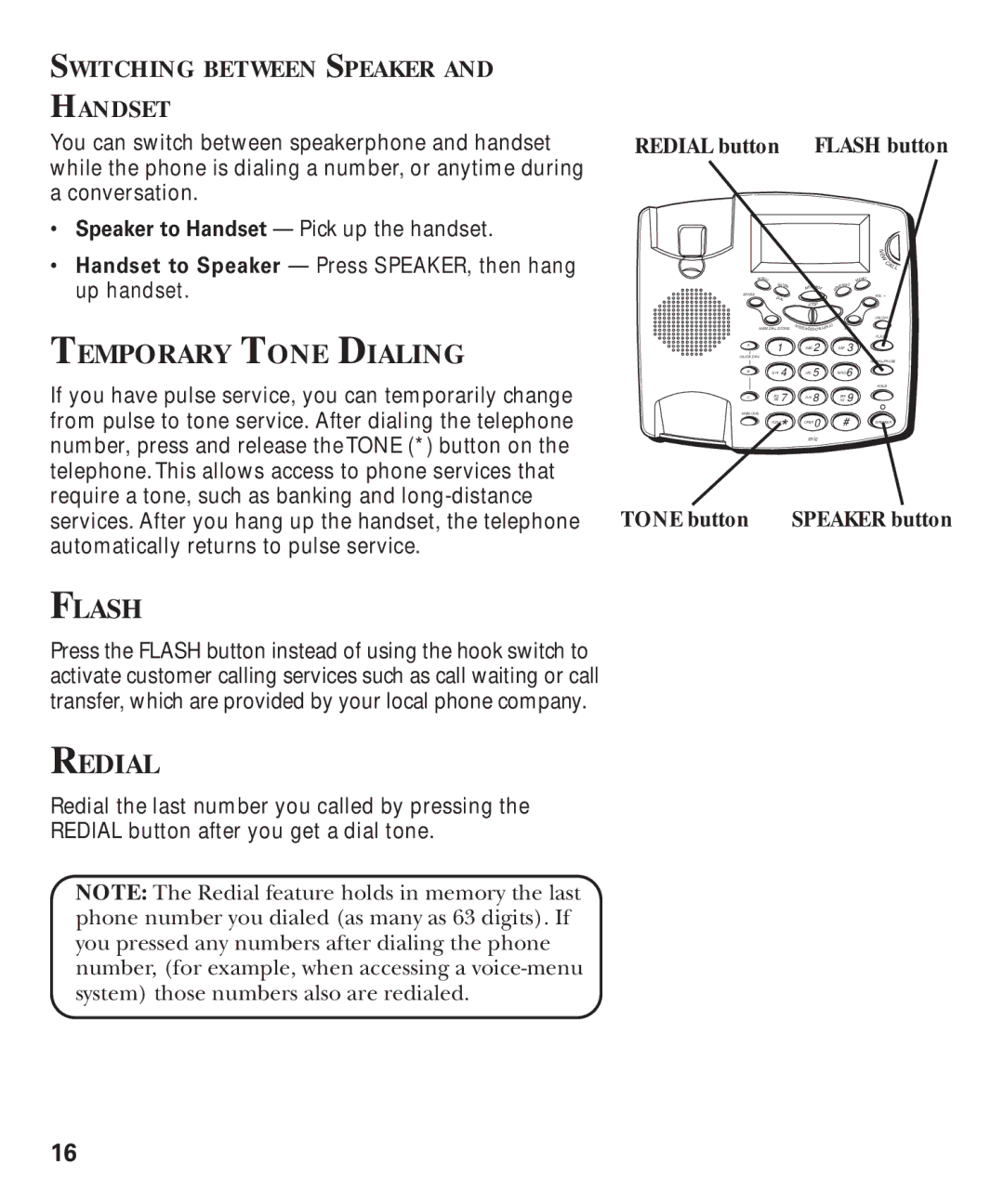 GE 29893 manual Temporary Tone Dialing, Flash, Redial, Switching Between Speaker Handset, Tone button 