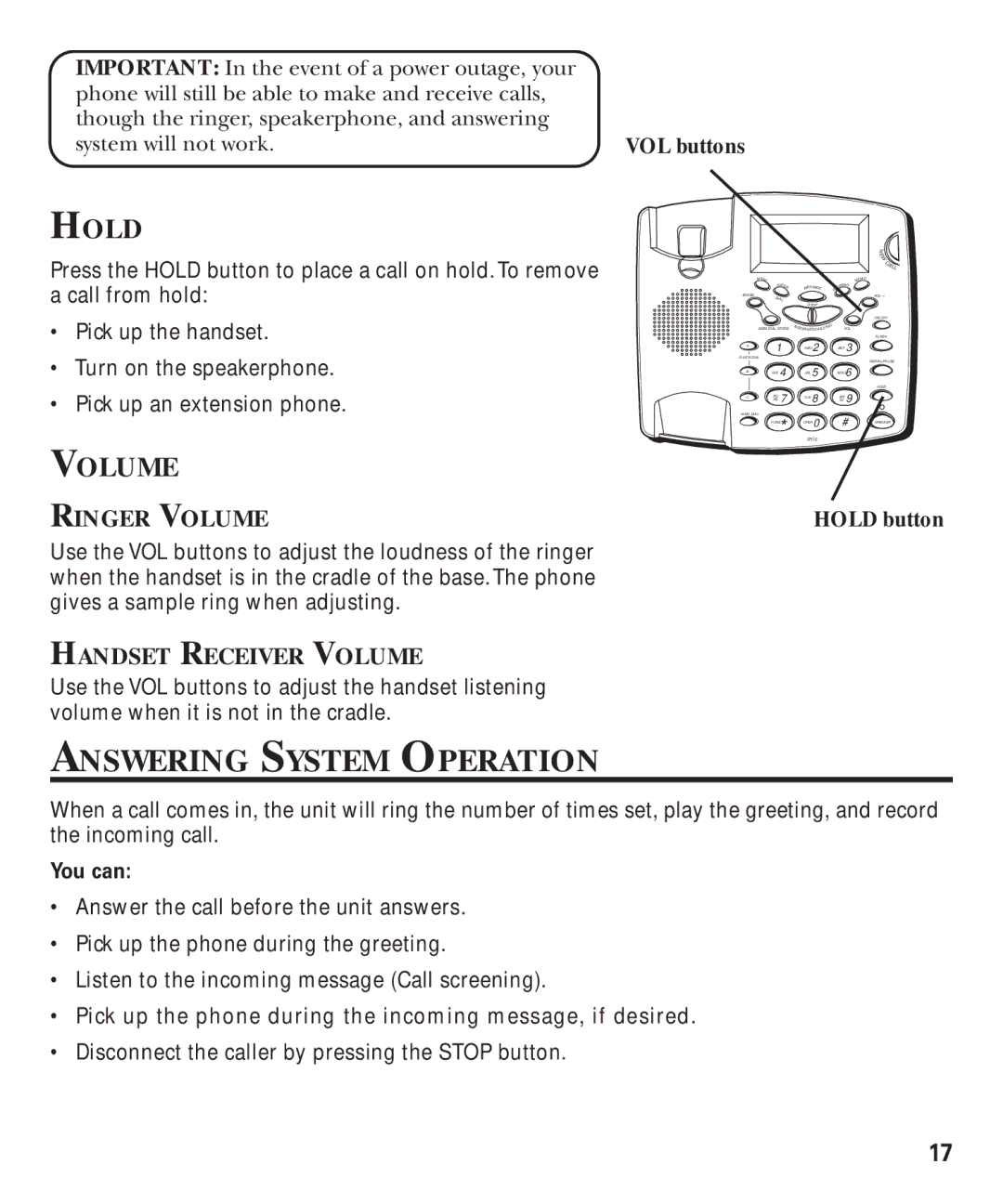 GE 29893 manual Answering System Operation, Hold, Ringer Volume, Handset Receiver Volume 