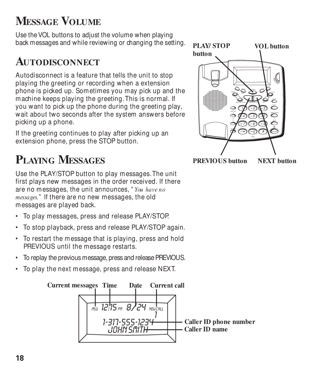 GE 29893 manual Message Volume, Autodisconnect, Playing Messages 