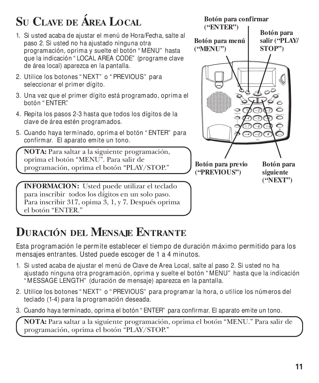 GE 29893 manual SU Clave DE Área Local, Duración DEL Mensaje Entrante, Botón para, Menu, Stop 