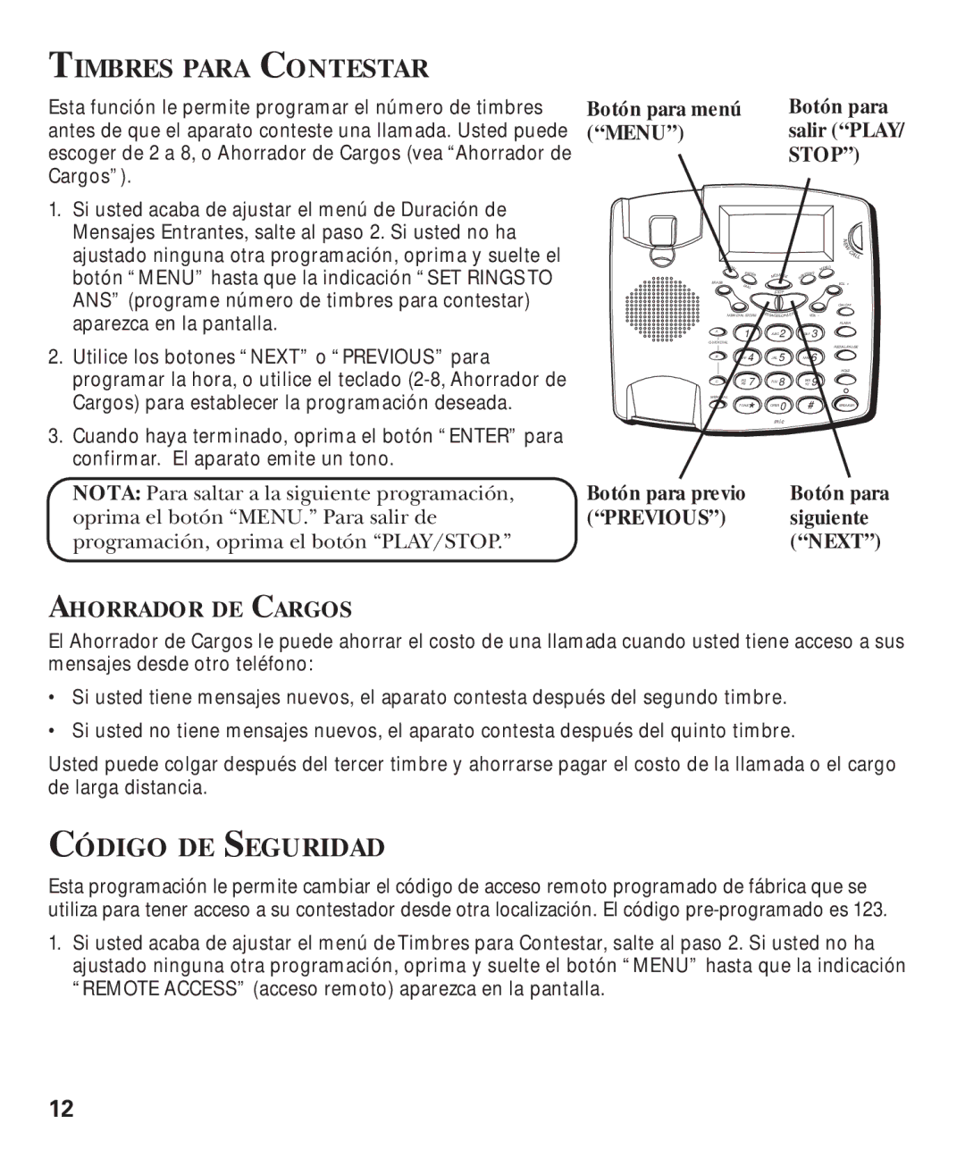 GE 29893 manual Timbres Para Contestar, Código DE Seguridad, Ahorrador DE Cargos 