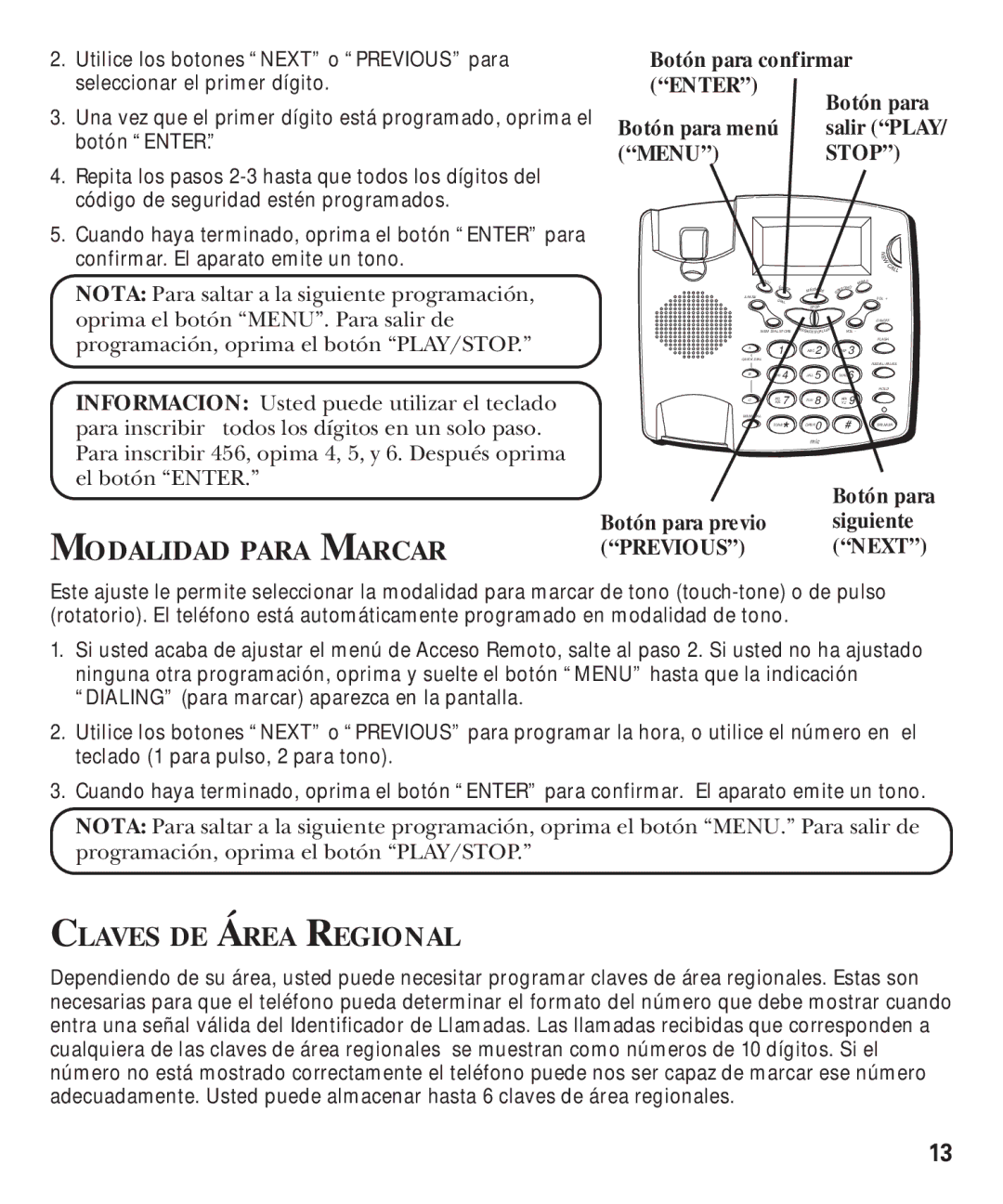 GE 29893 manual Modalidad Para Marcar, Claves DE Área Regional, Botón para Botón para previo siguiente, Previous Next 