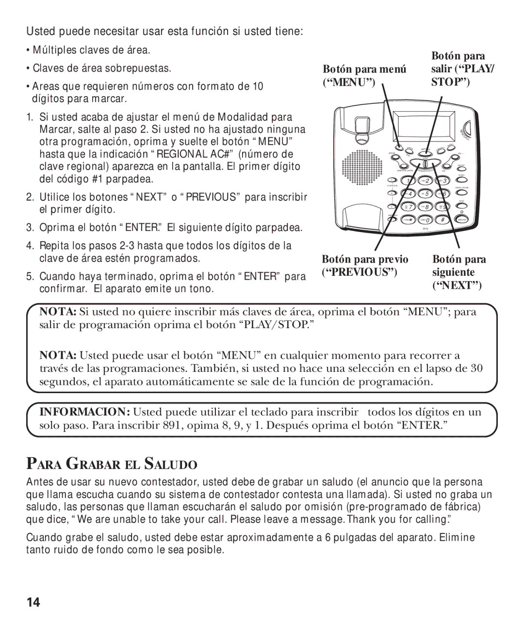 GE 29893 manual Usted puede necesitar usar esta función si usted tiene, Para Grabar EL Saludo 