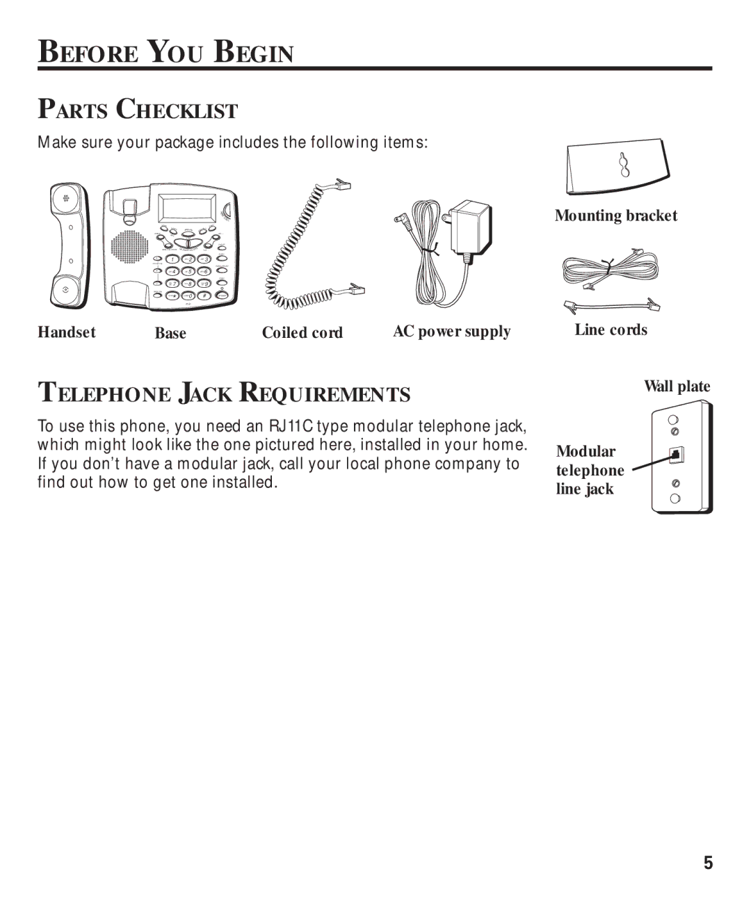 GE 29893 manual Before YOU Begin, Parts Checklist, Telephone Jack Requirements, Mounting bracket Line cords Wall plate 