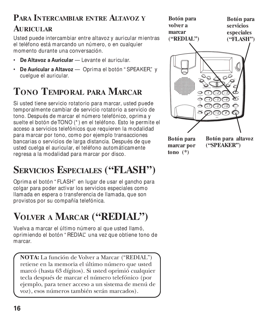 GE 29893 manual Tono Temporal Para Marcar, Servicios Especiales Flash, Volver a Marcar Redial 